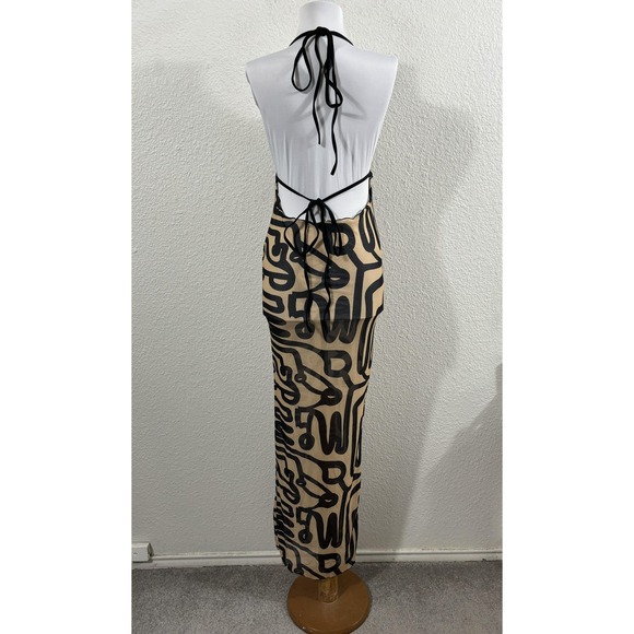 MATTE COLLECTION Dress Womens Medium Beige Black Sheer Halter Backless Maxi - Picture 6 of 9